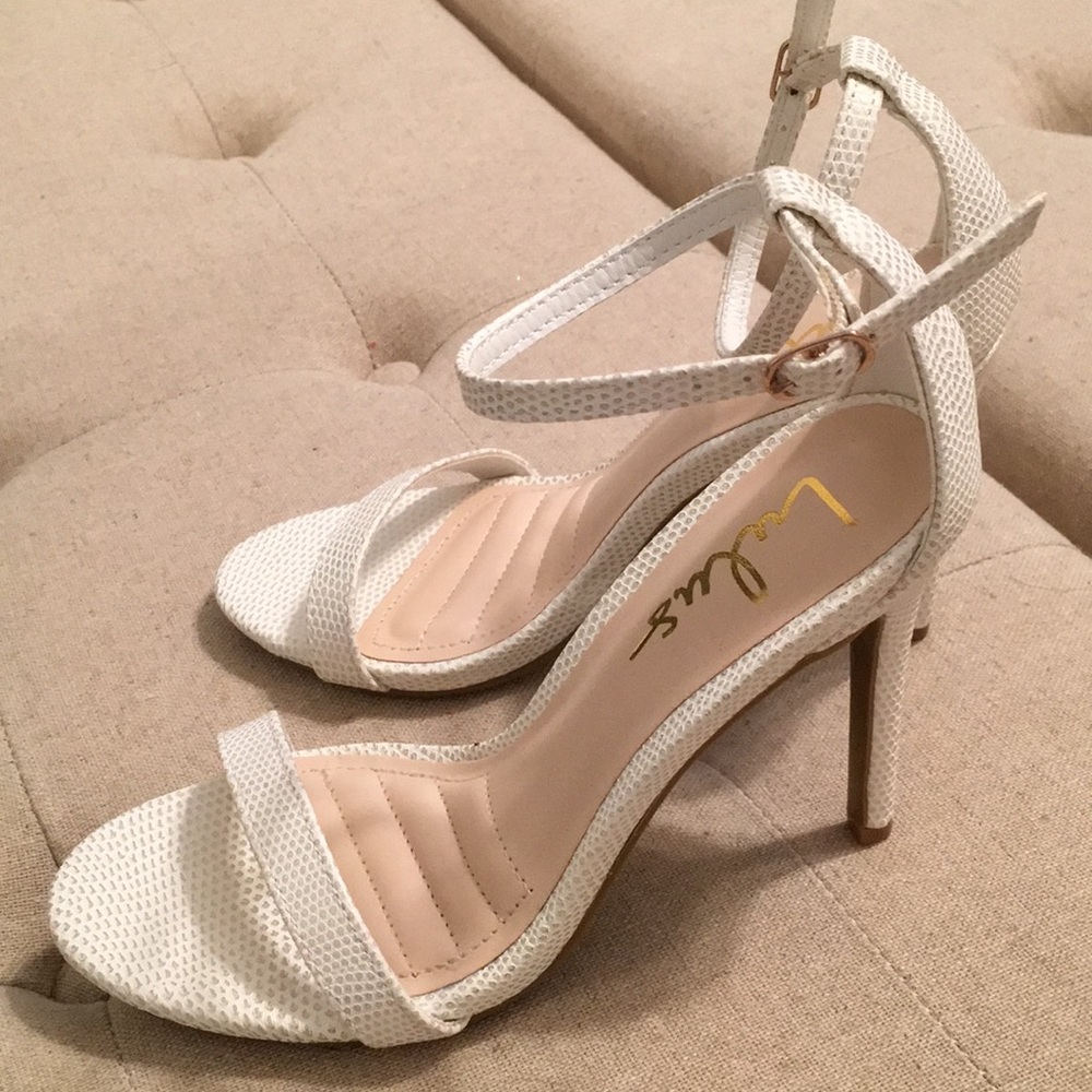 NEW: White Lizard Vegan Angle Strap Heels